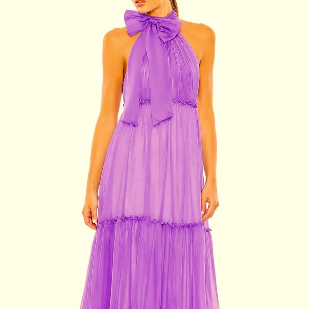 Mac Duggal Purple Orchid Bow Neck Tiered Ruffle Gown